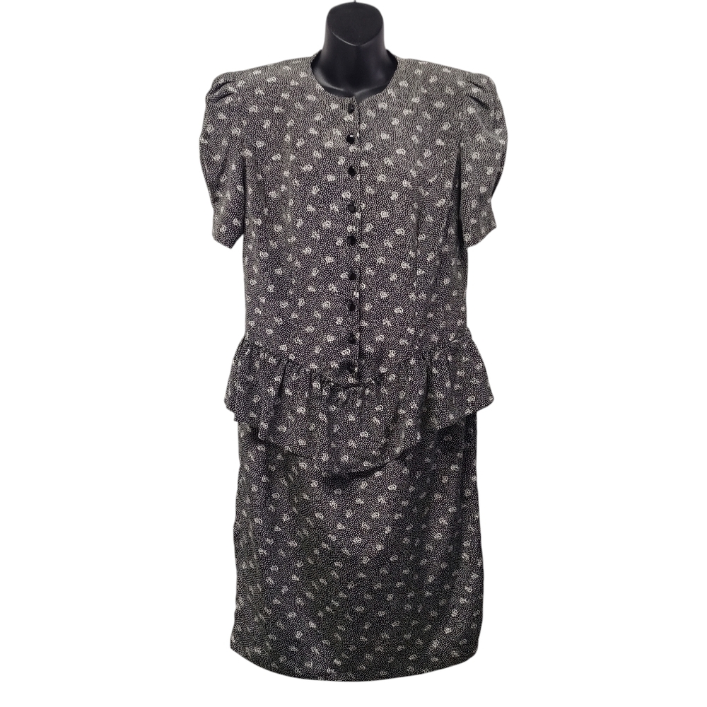 Vtg 80s Liz Roberts Black White Ruched Short Sleeve Dress Size 12